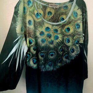 Closet Full, XXXL, Peacock Feather Print long sleeve knit top.